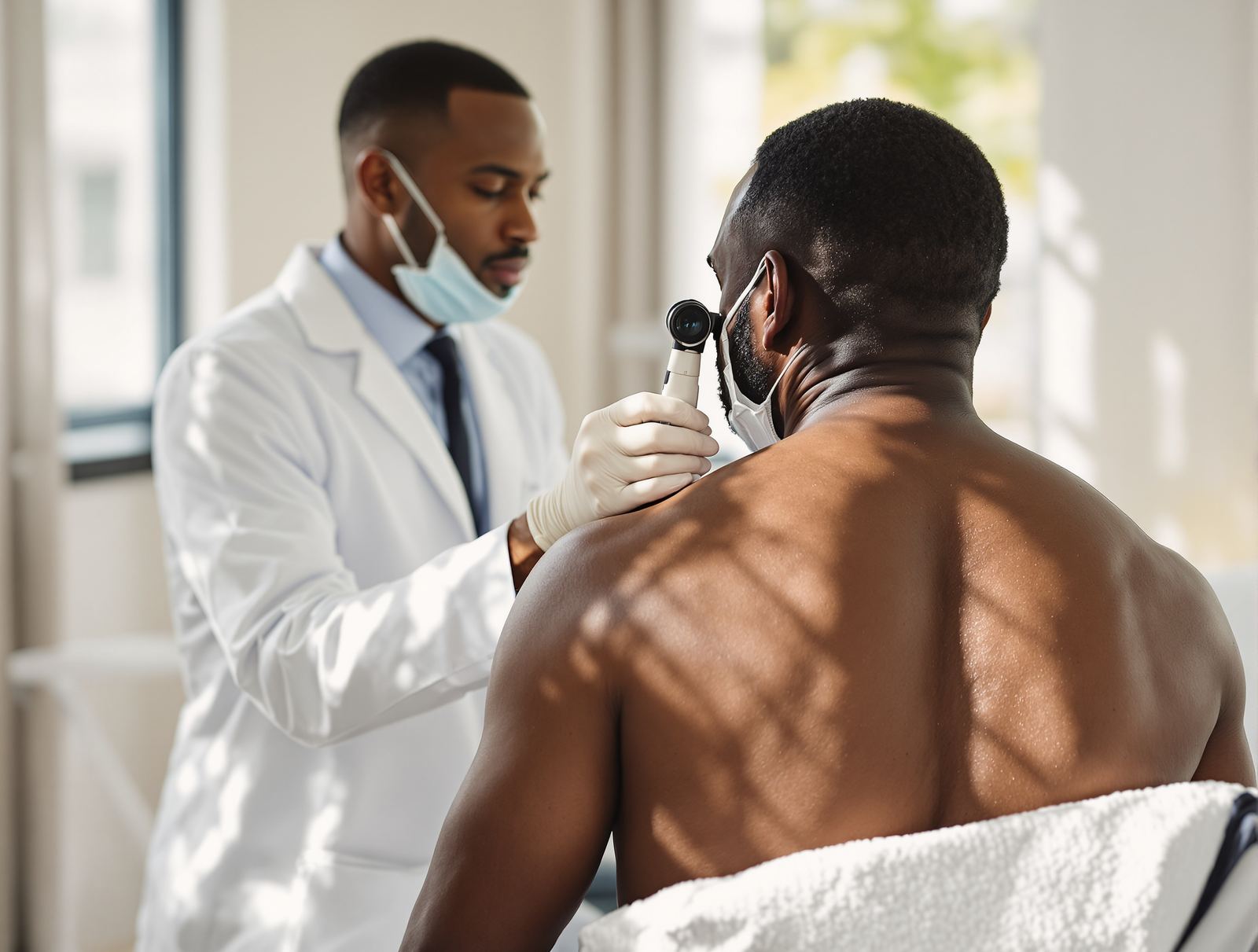 A dermatologist examining a patient's shoulder skin with a handheld dermatoscope in a sunlit exam room