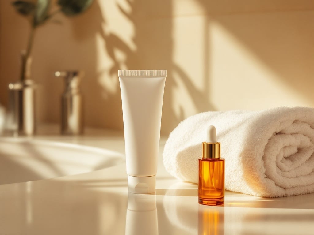 An unlabeled sunscreen tube and a small amber serum bottle beside a rolled white towel on a sunlit vanity