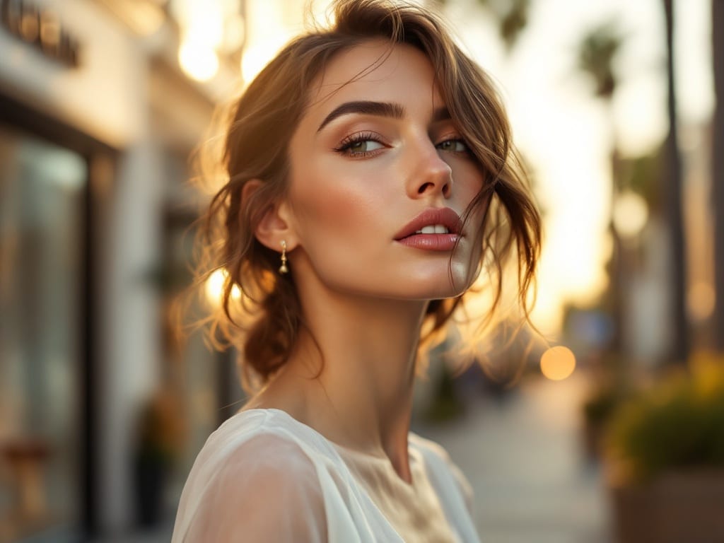 A woman with naturally luminous skin in soft profile at golden hour on a palm-lined Beverly Hills street