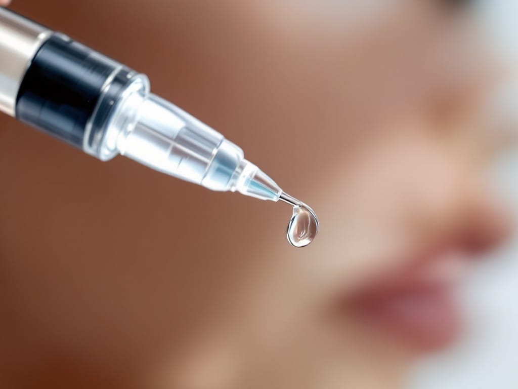 Macro view of a syringe tip with a single drop of clear gel, a blurred face in the background