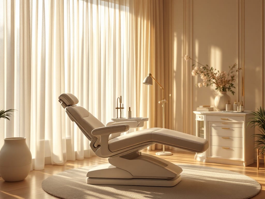 A serene luxury dermatology treatment room with a reclined treatment chair in warm afternoon light