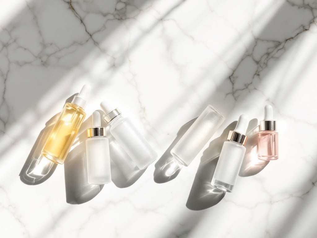 Two groups of unlabeled frosted glass vials arranged facing each other on a white marble counter