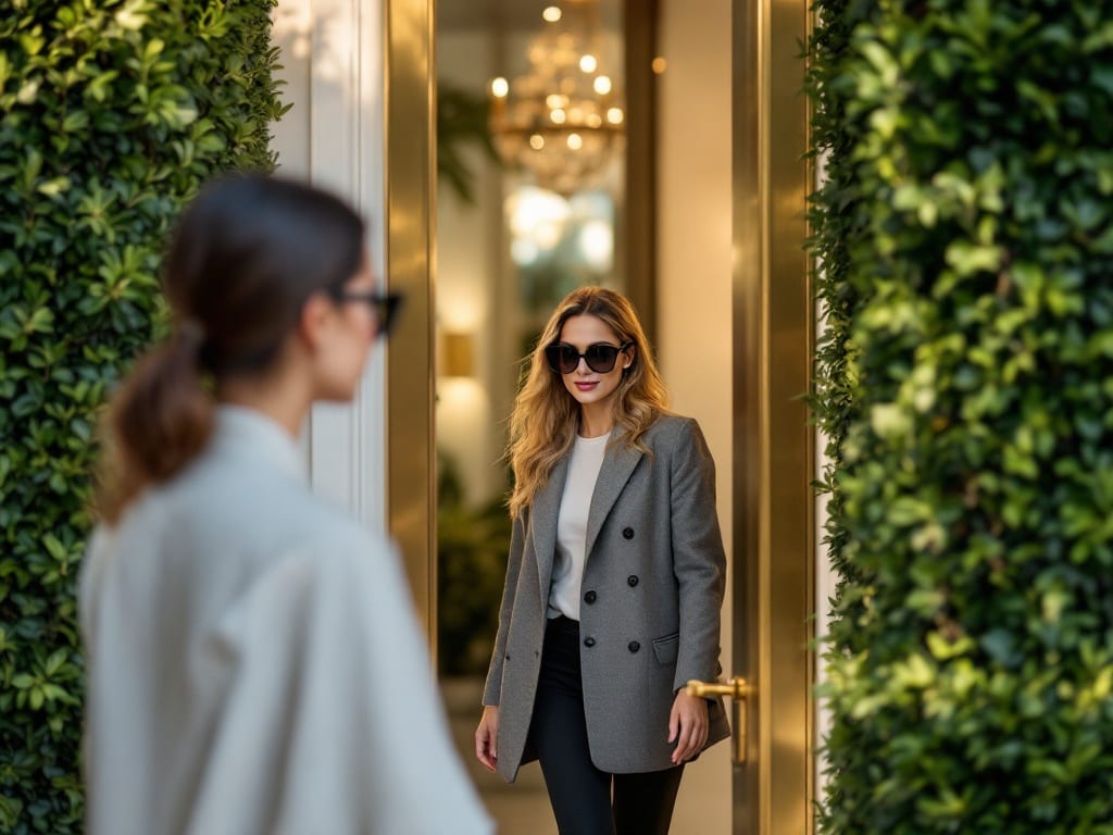A woman in large sunglasses leaving a discreet upscale medical office entrance framed by hedges