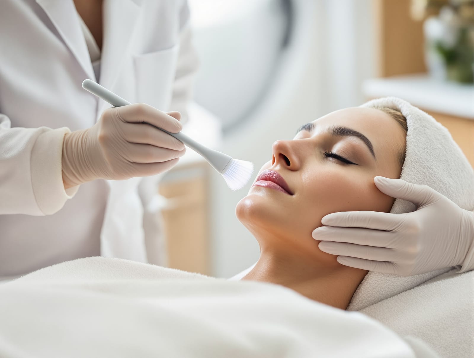 A gloved dermatologist applying a chemical peel solution to a reclined patient's face with a soft brush in a bright modern clinic