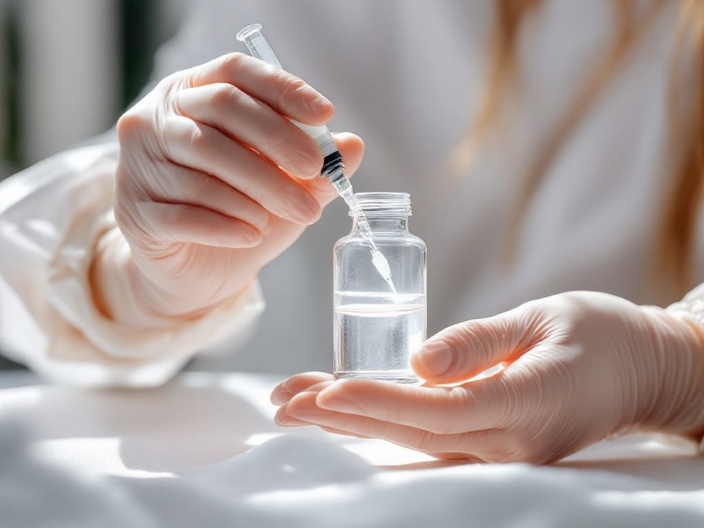 Gloved hands reconstituting an unlabeled medical vial with sterile water using a syringe
