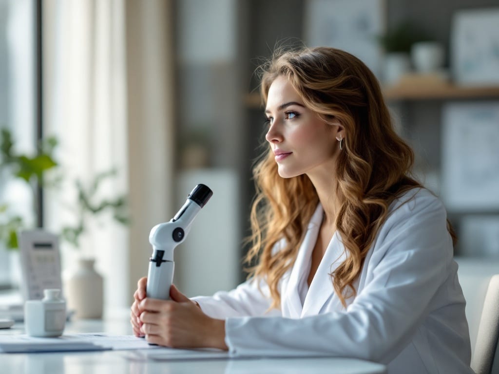 A dermatologist in a white coat seated at a modern consultation desk holding a dermatoscope