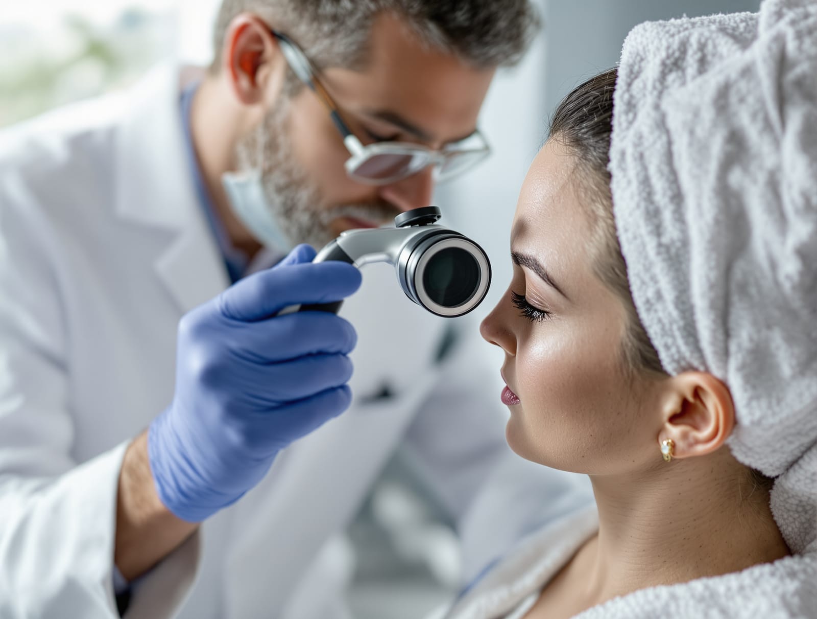 A dermatologist examining a patient's scalp and hairline with a handheld magnifier in a bright clinic room
