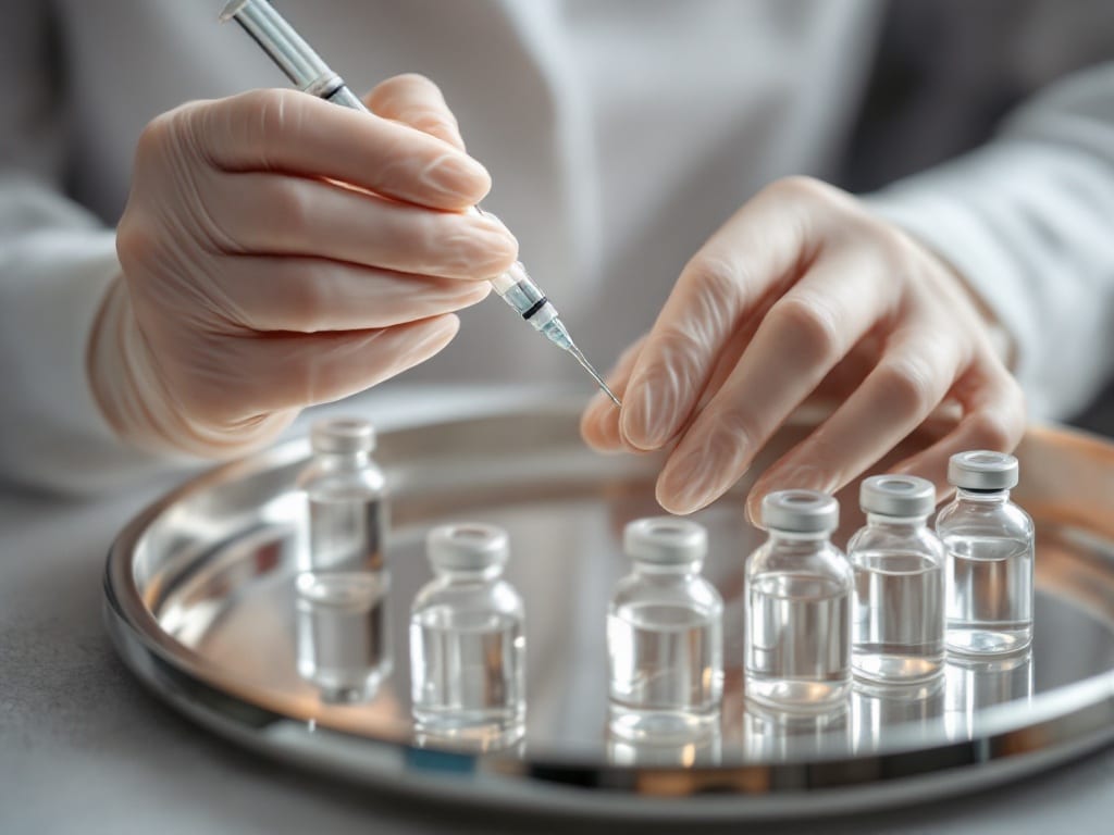Gloved hands of an injector holding a fine syringe over a tray of unlabeled clear glass vials