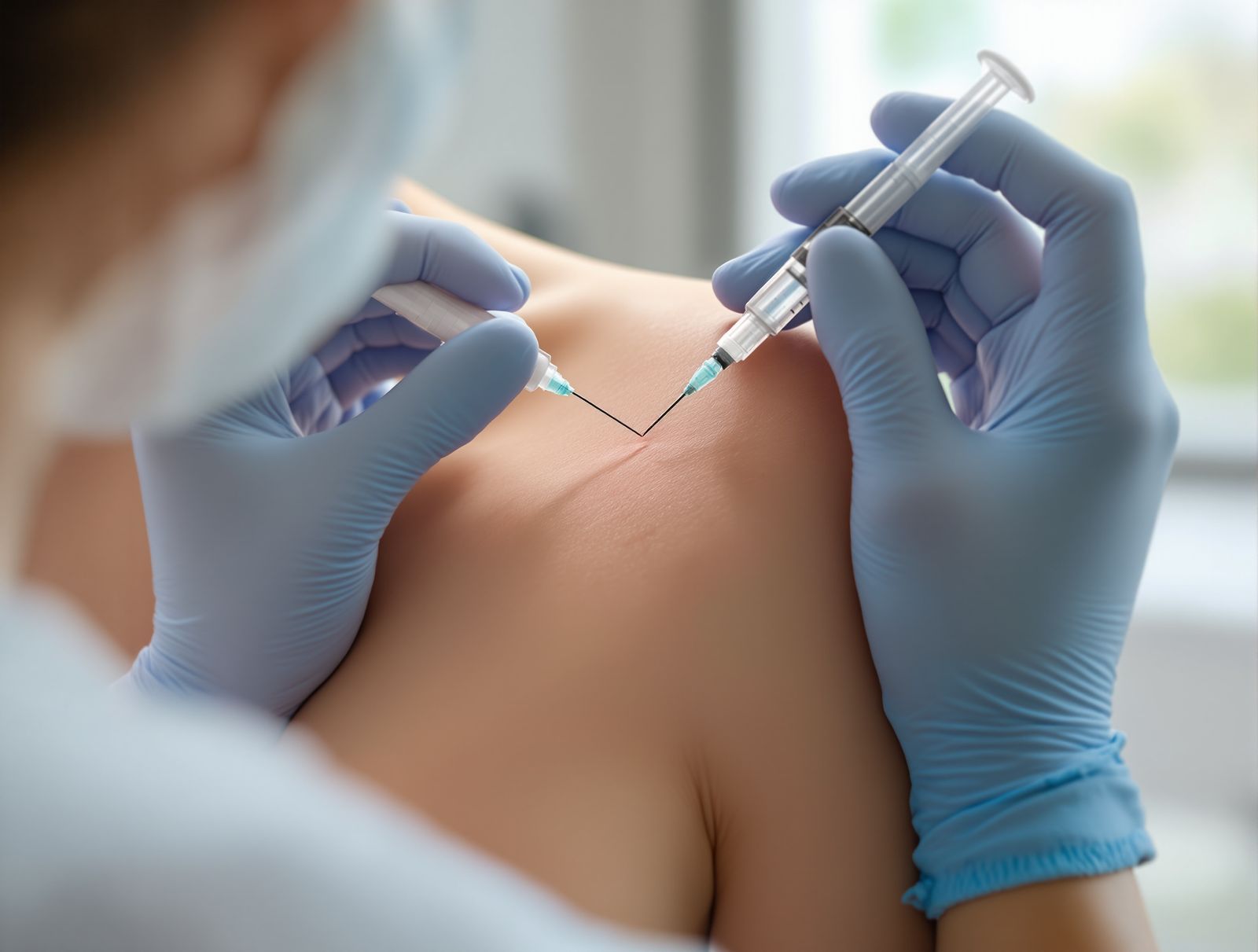 Gloved hands of a dermatologist making a fine injection into a patient's underarm in a bright clinic room