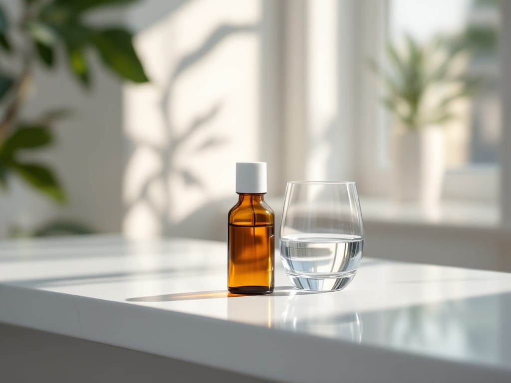 A small unlabeled amber glass bottle with a white cap beside a glass of water on a bright clinical counter