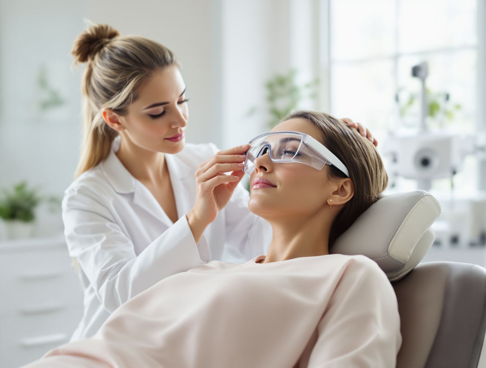 A dermatologist preparing a reclined patient for a laser treatment in a bright modern clinic room