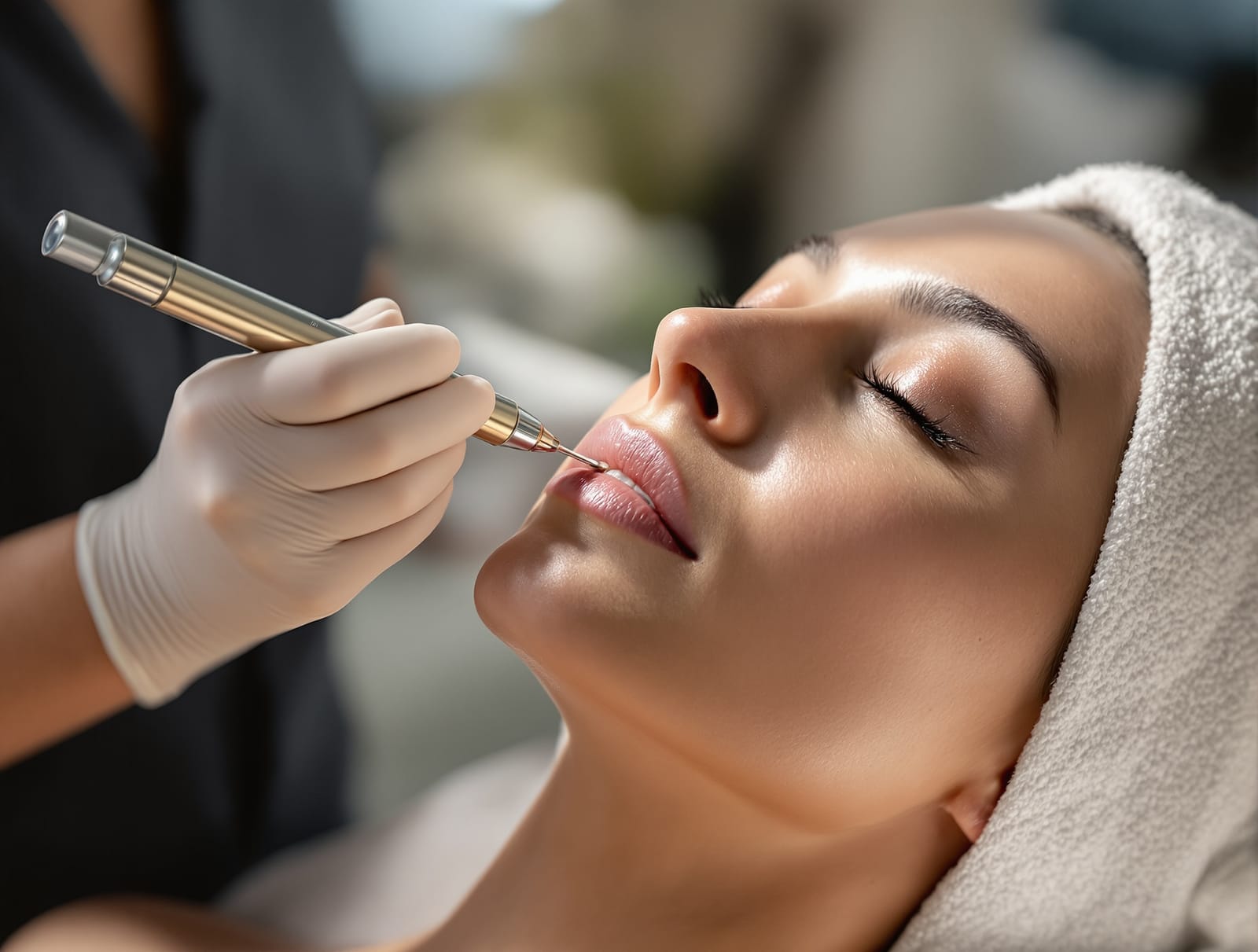 A dermatologist guiding a microneedling pen across a reclined patient's cheek in a bright modern clinic room