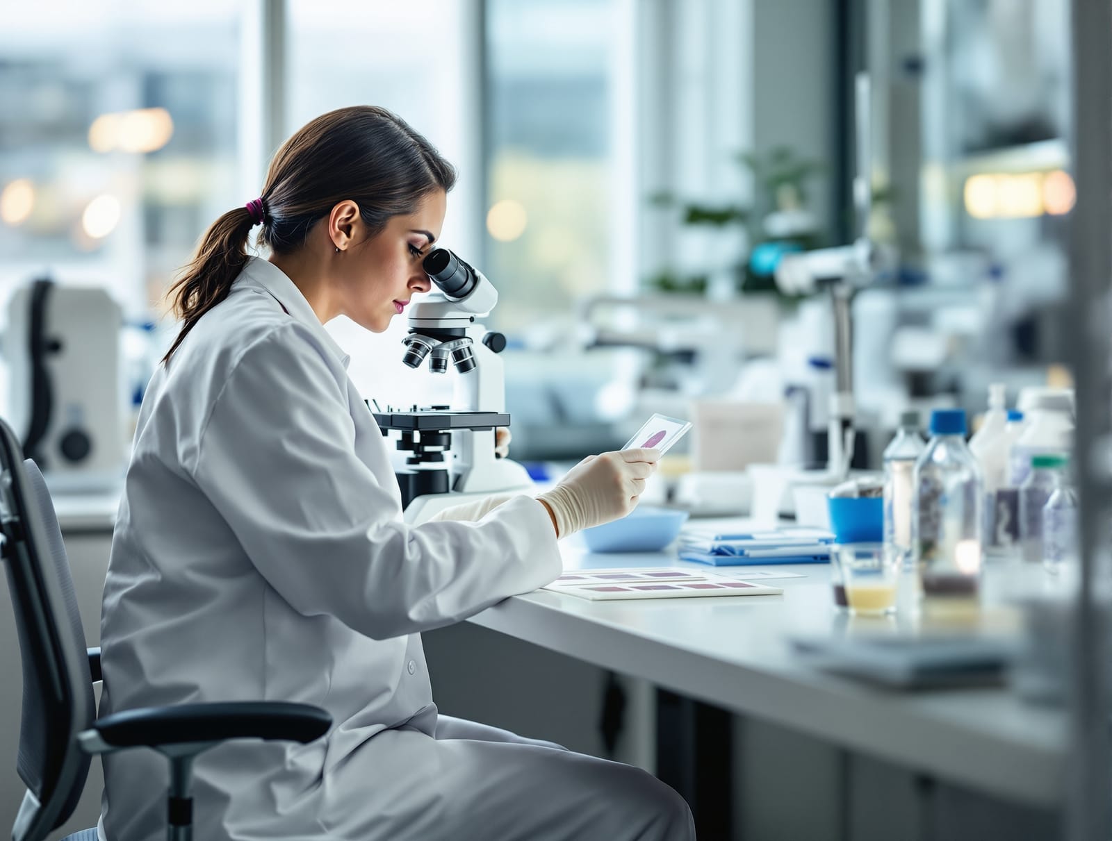 A surgeon in a white coat examining a tissue slide under a microscope in a bright dermatology lab