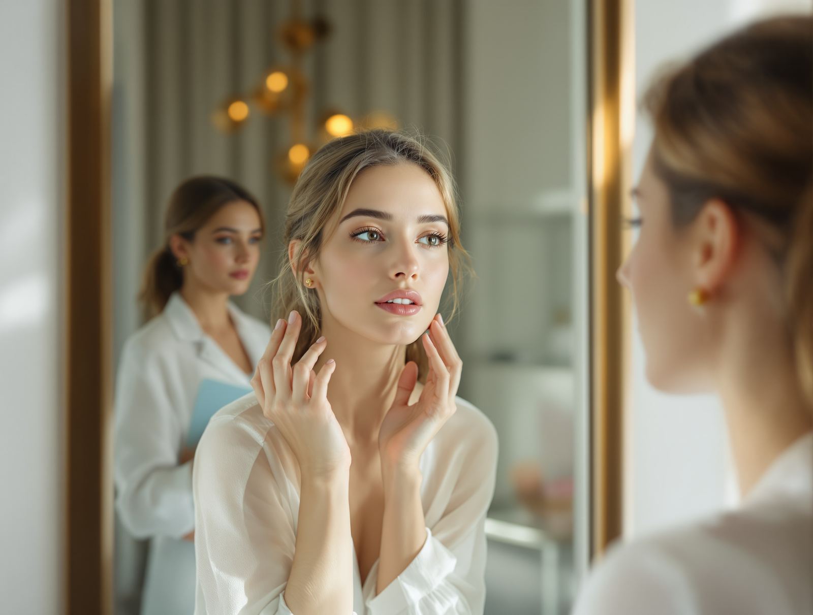 A young woman studying her reflection in a clinic mirror during an injectable consultation