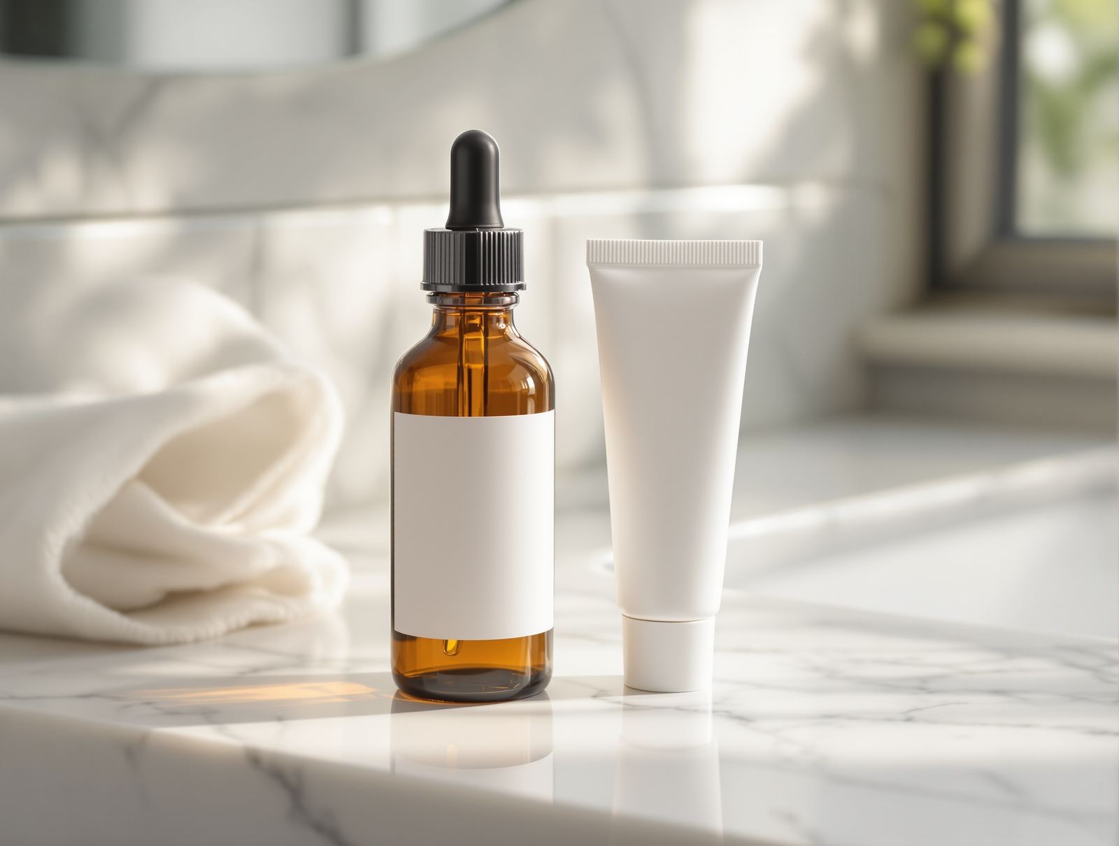 An unbranded amber serum bottle and a small prescription tube on a marble bathroom counter