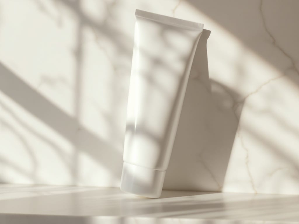 An unlabeled tube of gentle moisturizer and a tinted mineral sunscreen on a marble shelf in soft morning light