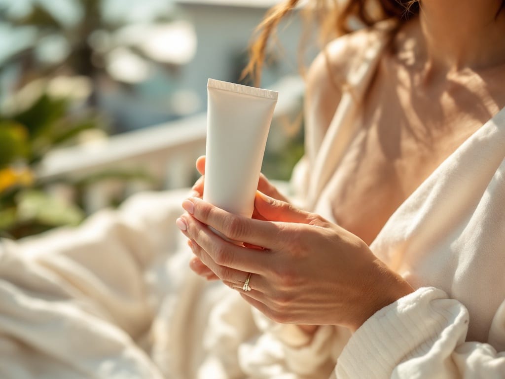Hands holding an unlabeled white sunscreen tube on a sunlit Southern California terrace