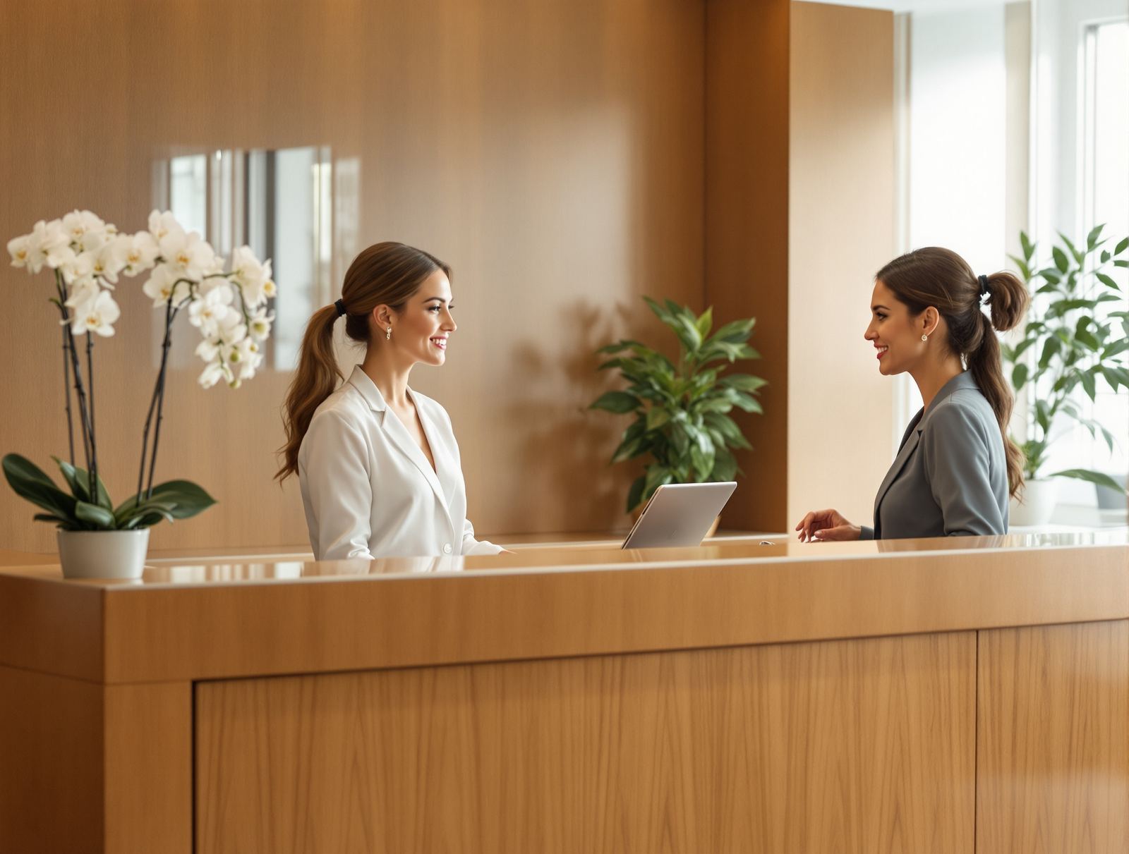 A patient speaking with the receptionist at the front desk of an upscale dermatology office